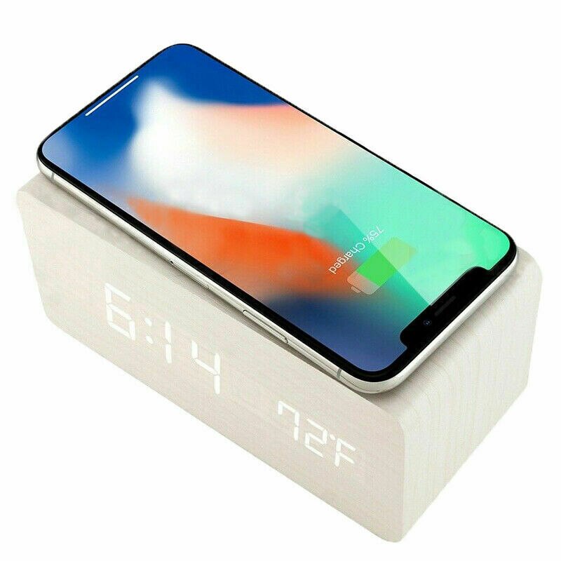 Réveil en bois gris avec chargeur sans fil-Reveilleur