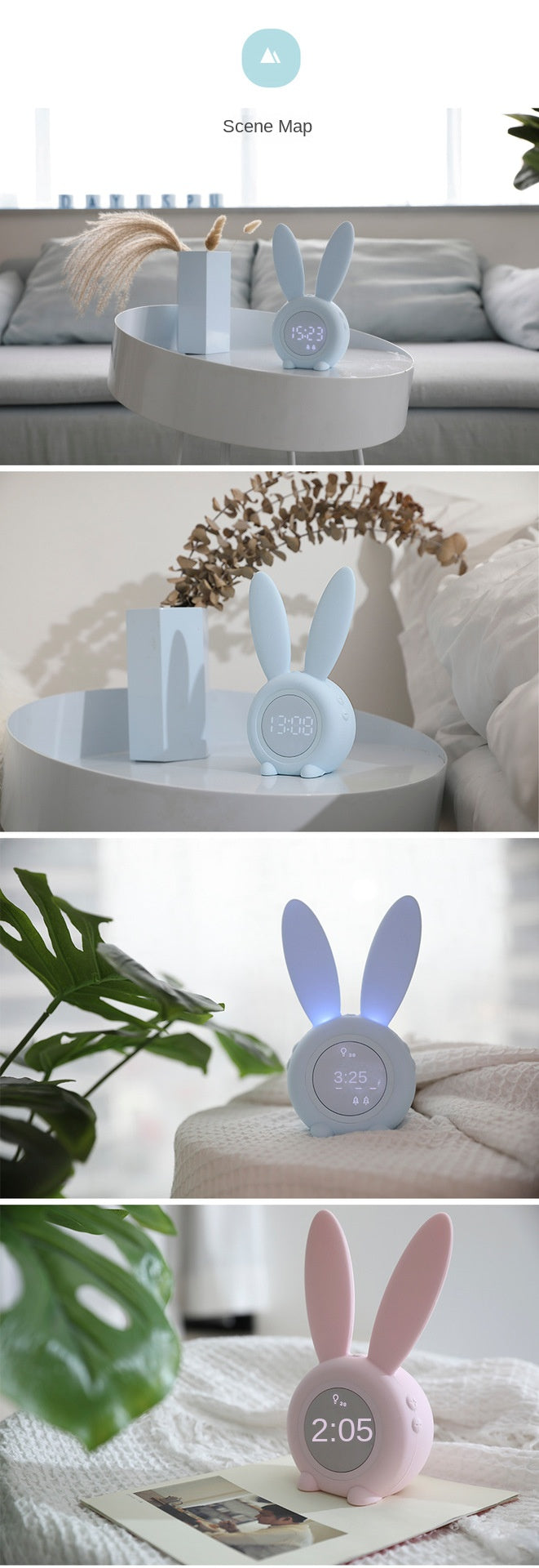 Rabbit Alarm Clock Rechargeable LED Night Light - Dimensions of 17.5x7.2 CM