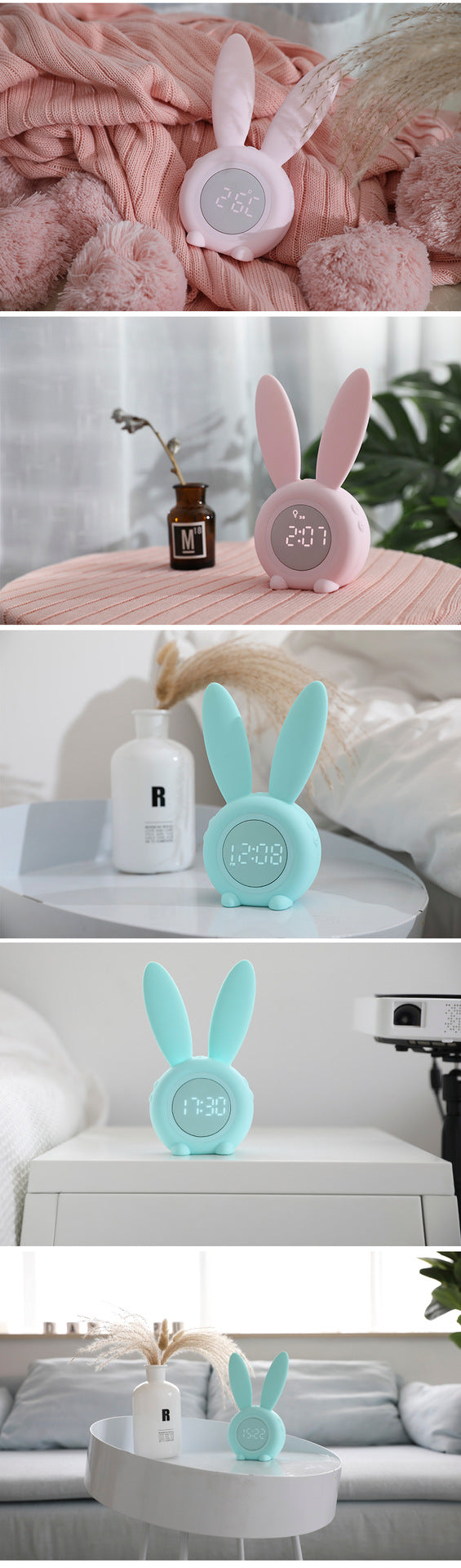 Rabbit Alarm Clock Rechargeable LED Night Light - Dimensions of 17.5x7.2 CM