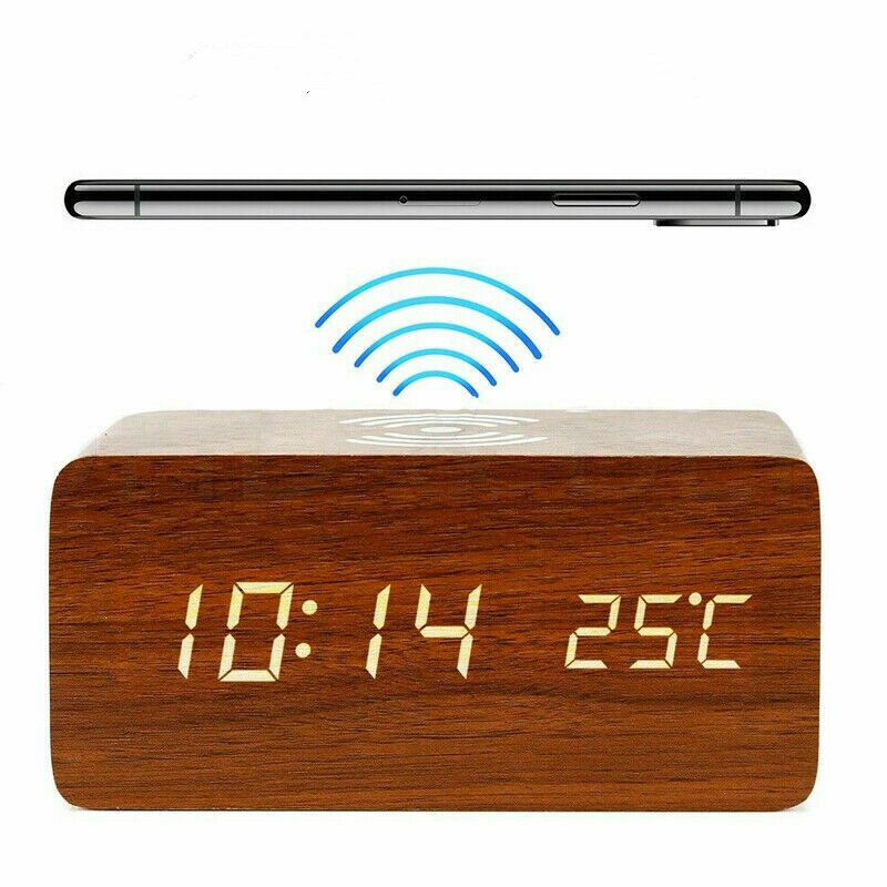 Faux wood alarm clock with wireless charger