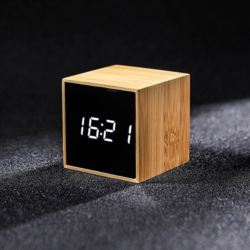 Wooden outline cube alarm clock