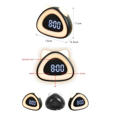 Reloj despertador moderno con forma de gato LED USB 