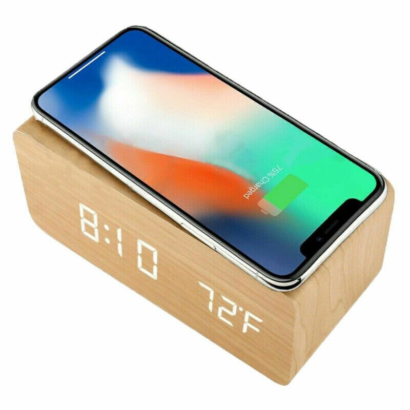 Wooden alarm clock led wireless charger