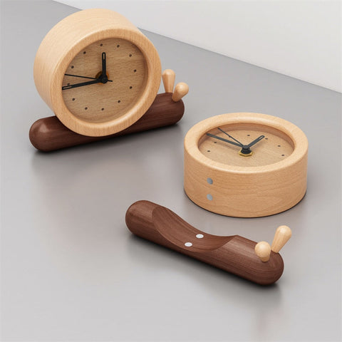 Reloj despertador analógico de madera con forma de gato