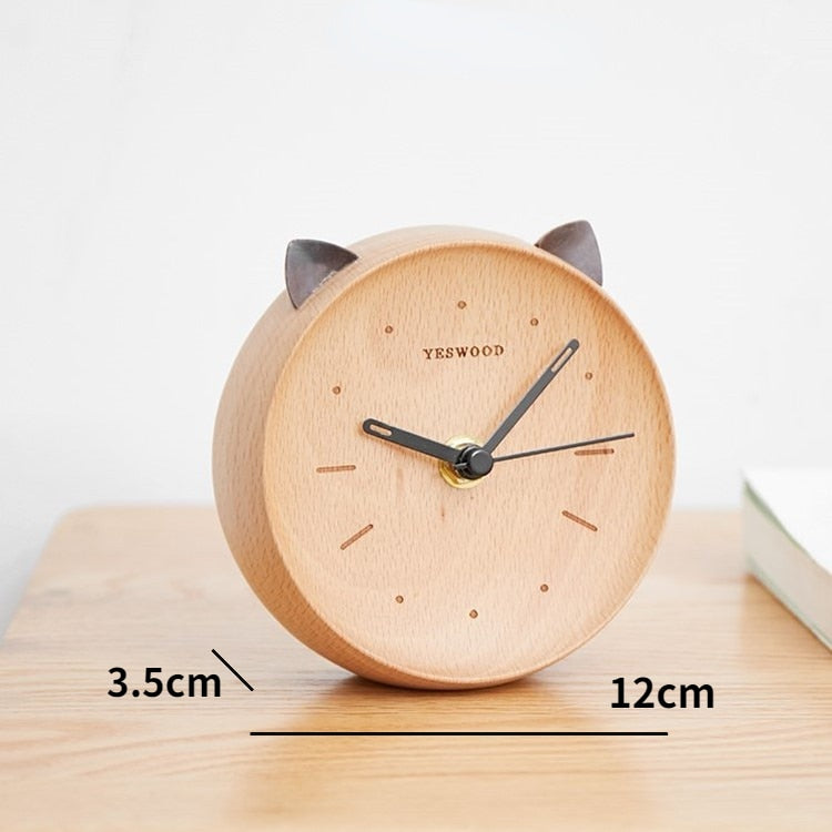 Reloj despertador analógico de madera con forma de gato