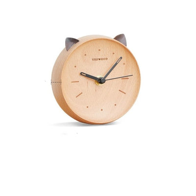 Reloj despertador analógico de madera con forma de gato