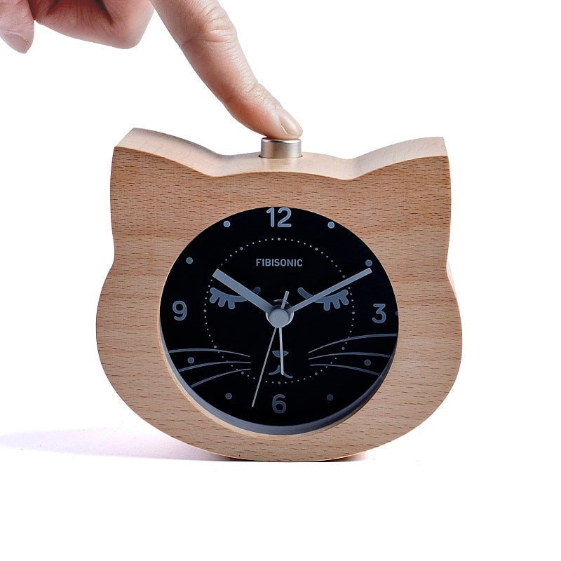 Reloj despertador con forma de gato de madera refinada 