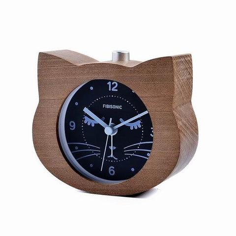 Reloj despertador con forma de gato de madera refinada 