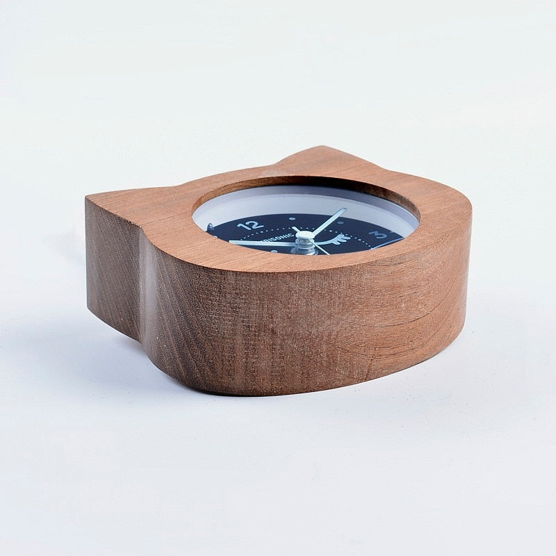 Reloj despertador con forma de gato de madera refinada 