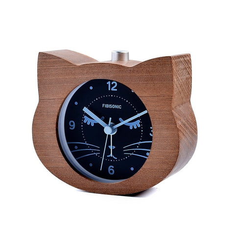 Reloj despertador con forma de gato de madera refinada 