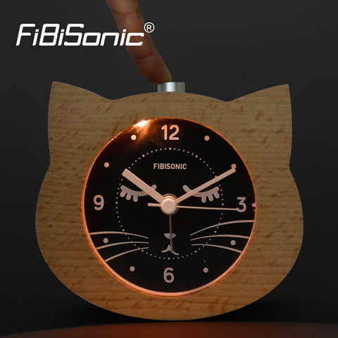 Reloj despertador con forma de gato de madera refinada 