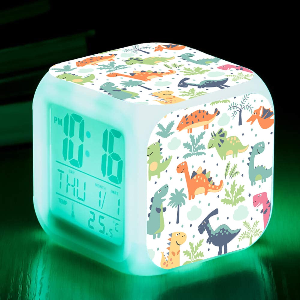 Delicado reloj despertador con forma de cubo luminoso de dinosaurio