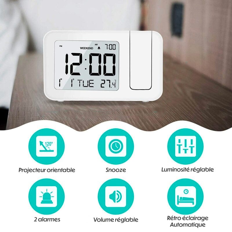 Reloj despertador con proyector de diseño blanco