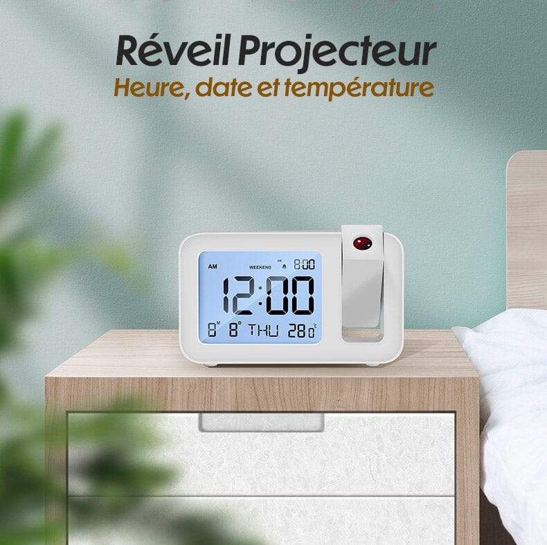 Reloj despertador con proyector de diseño blanco